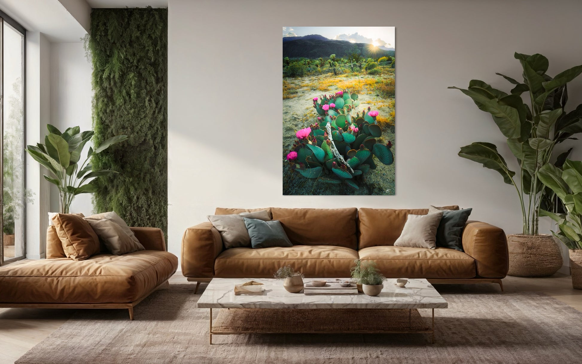 A radiant beavertail cactus in full bloom glows beneath a desert sunrise, surrounded by vibrant spring vegetation and mountain backdrops in this fine art landscape.