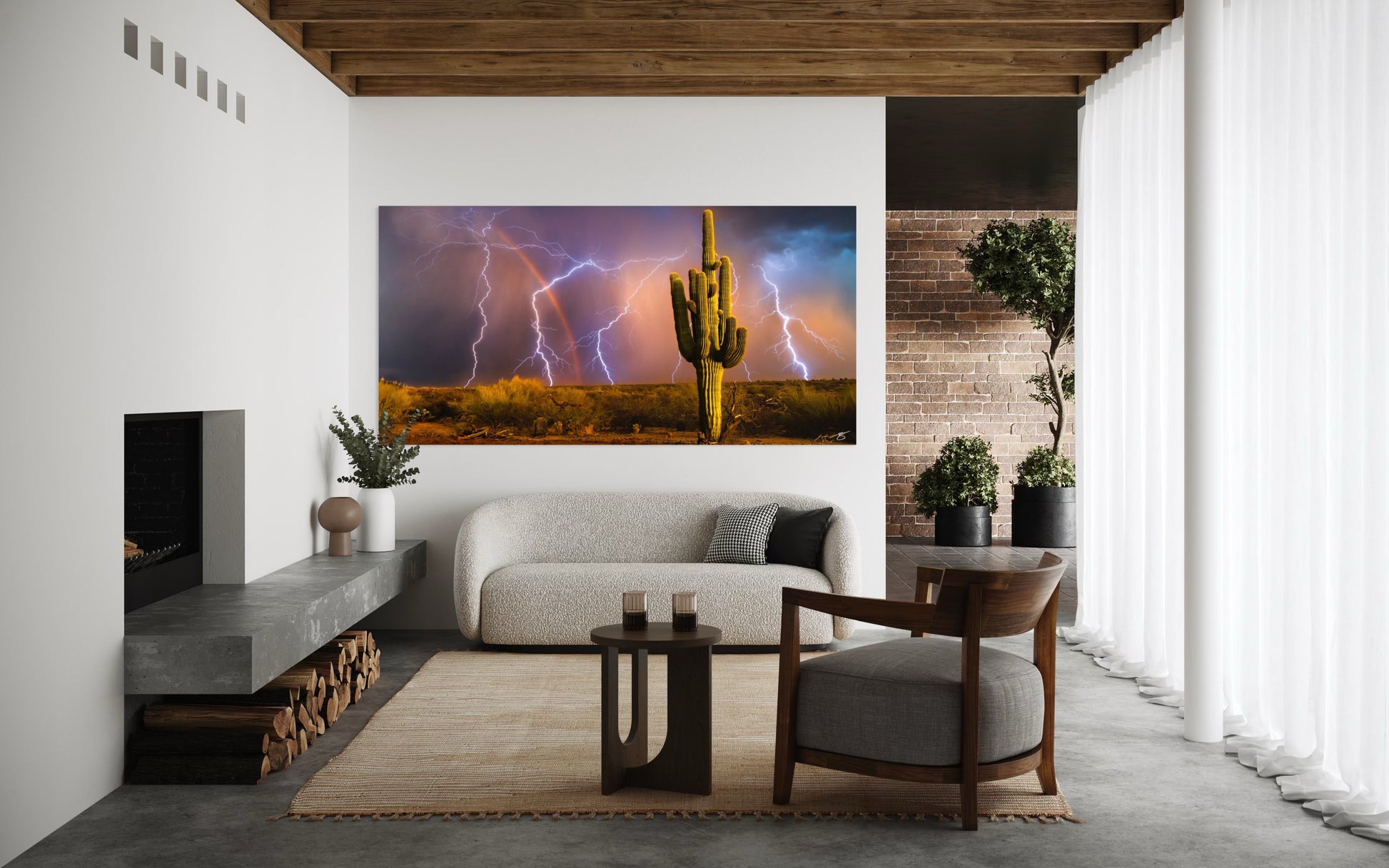 Modern living room with a large TV displaying a nature scene, sofa, and decor.
