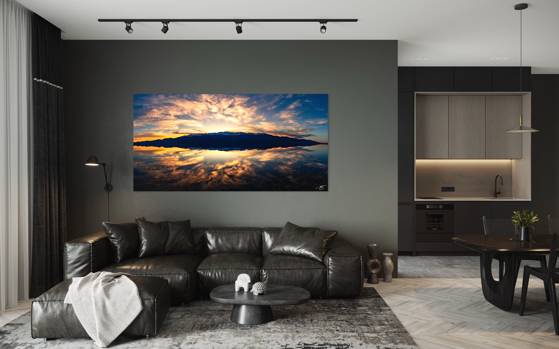 A rare Lake Manly sunrise in Death Valley, capturing Badwater Basin transformed into a mirror-like lake reflecting mountains and glowing clouds in a stunning panorama.