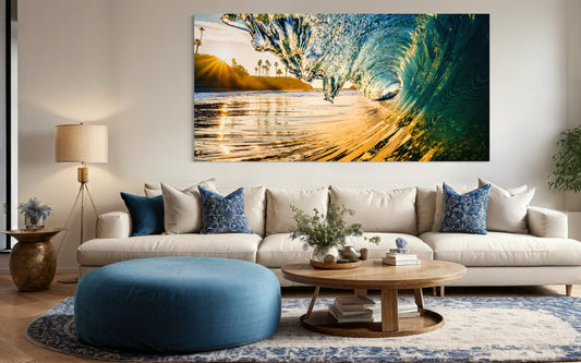A rare golden-hour wave barrel captured in Laguna Beach. Fine art ocean photography showcasing crystal water, warm light, and coastal energy.