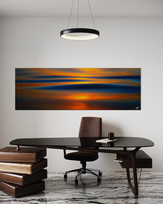 A rich, abstract ocean sunset blending deep blues and molten gold. A minimalist fine-art seascape perfect for collectors of modern coastal décor.