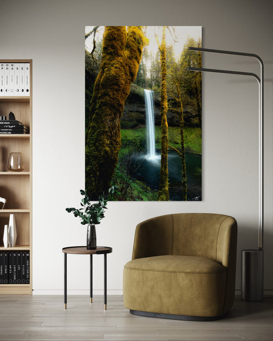 A serene fine art photograph of South Falls in Silver Falls State Park, framed by moss-covered trees and lush Oregon forest. Peaceful waterfall and woodland tones.