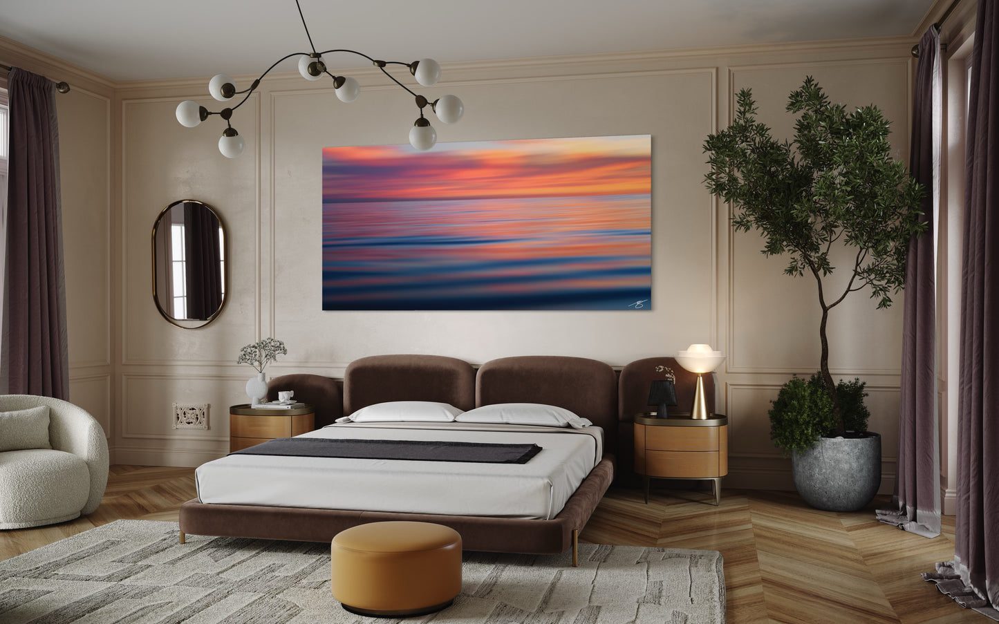 A serene long-exposure ocean abstract reflecting soft sunset colors across rippling water. A minimalist fine art seascape perfect for modern coastal interiors.