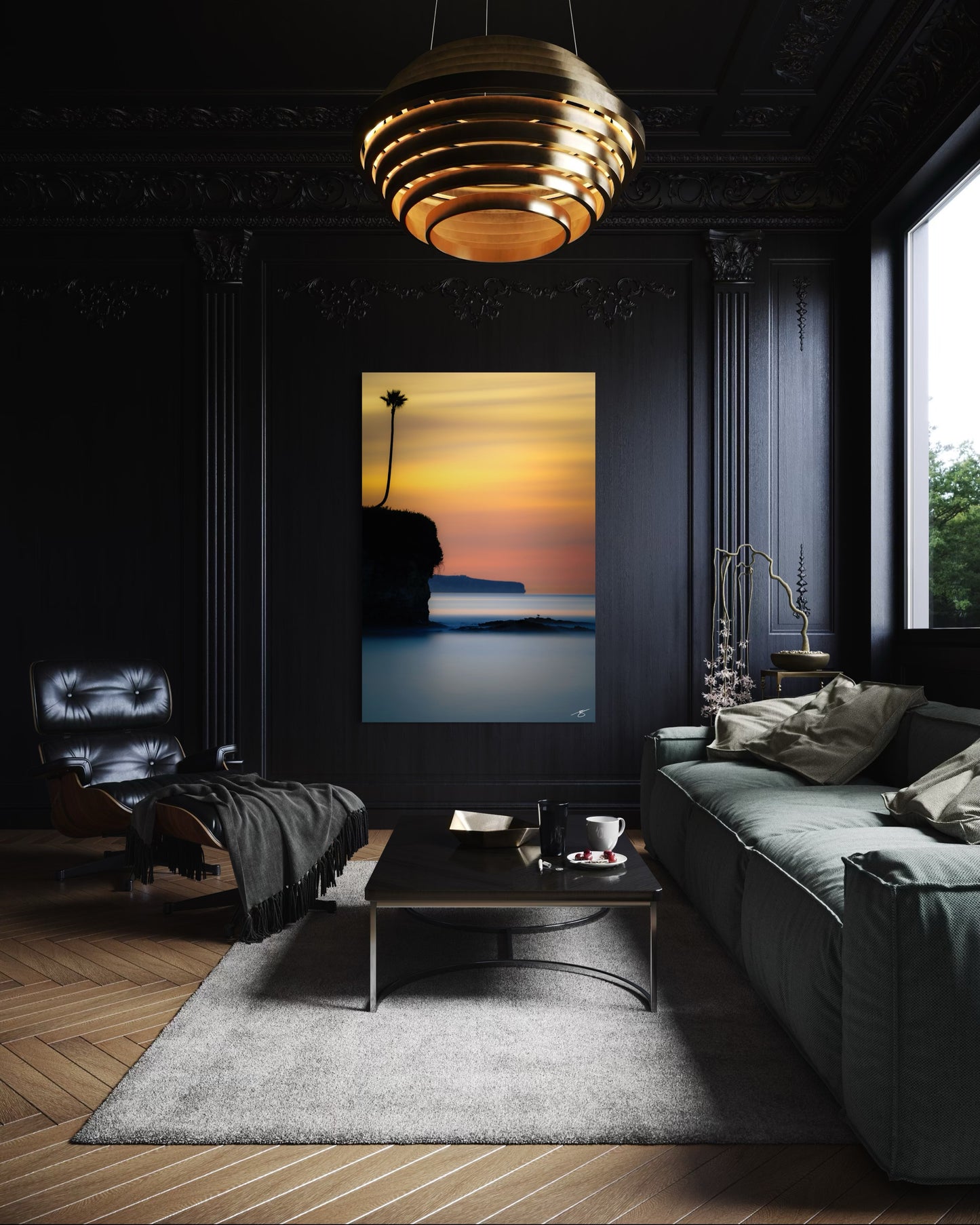 A serene long-exposure sunset from Laguna Beach featuring a lone palm tree silhouette above calm, misty waters. A minimalist, peaceful coastal fine-art scene.