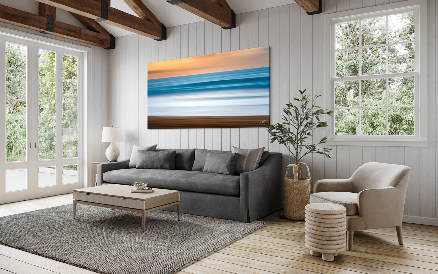 A serene minimalist seascape capturing soft sunset tones and horizontal ocean movement. A calming fine art print for collectors who love modern coastal décor.