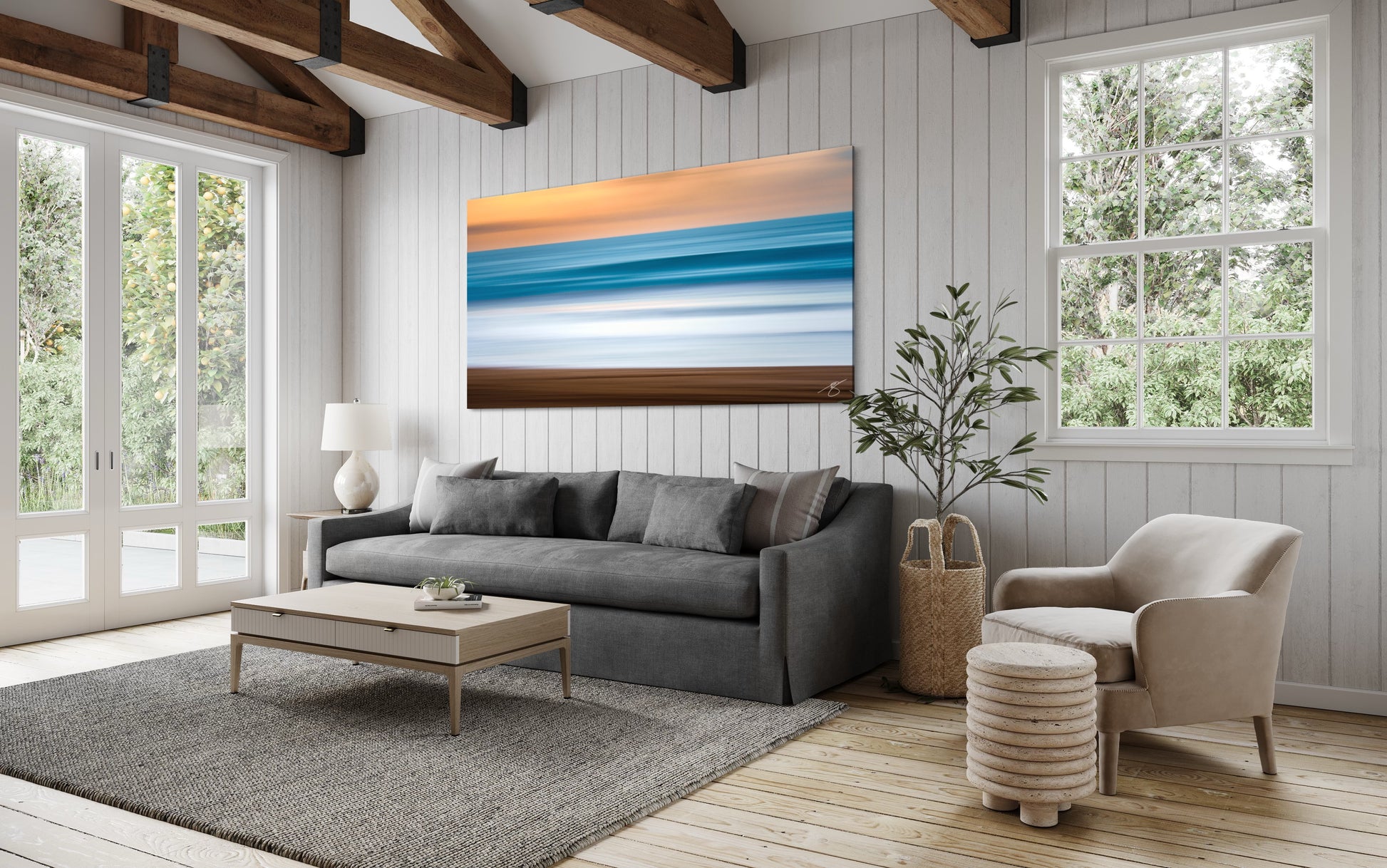 A serene minimalist seascape capturing soft sunset tones and horizontal ocean movement. A calming fine art print for collectors who love modern coastal décor.