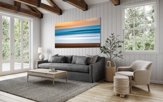 A serene minimalist seascape capturing soft sunset tones and horizontal ocean movement. A calming fine art print for collectors who love modern coastal décor.