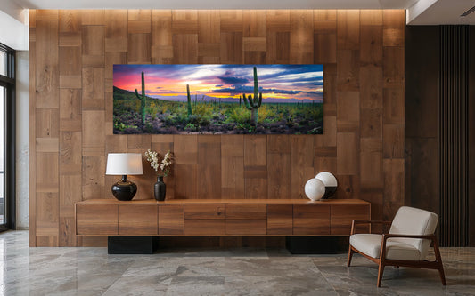 Modern living room with wooden wall, TV displaying a desert scene, and minimal decor.