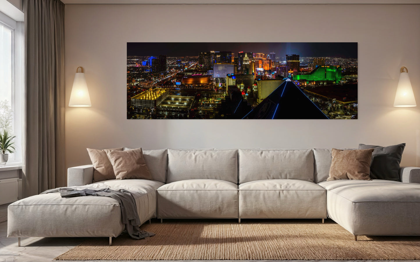 A sweeping night panorama of the Las Vegas Strip captured from the Luxor Pyramid. Brilliant neon, glowing hotels, and vibrant city lights create a dynamic fine art scene.