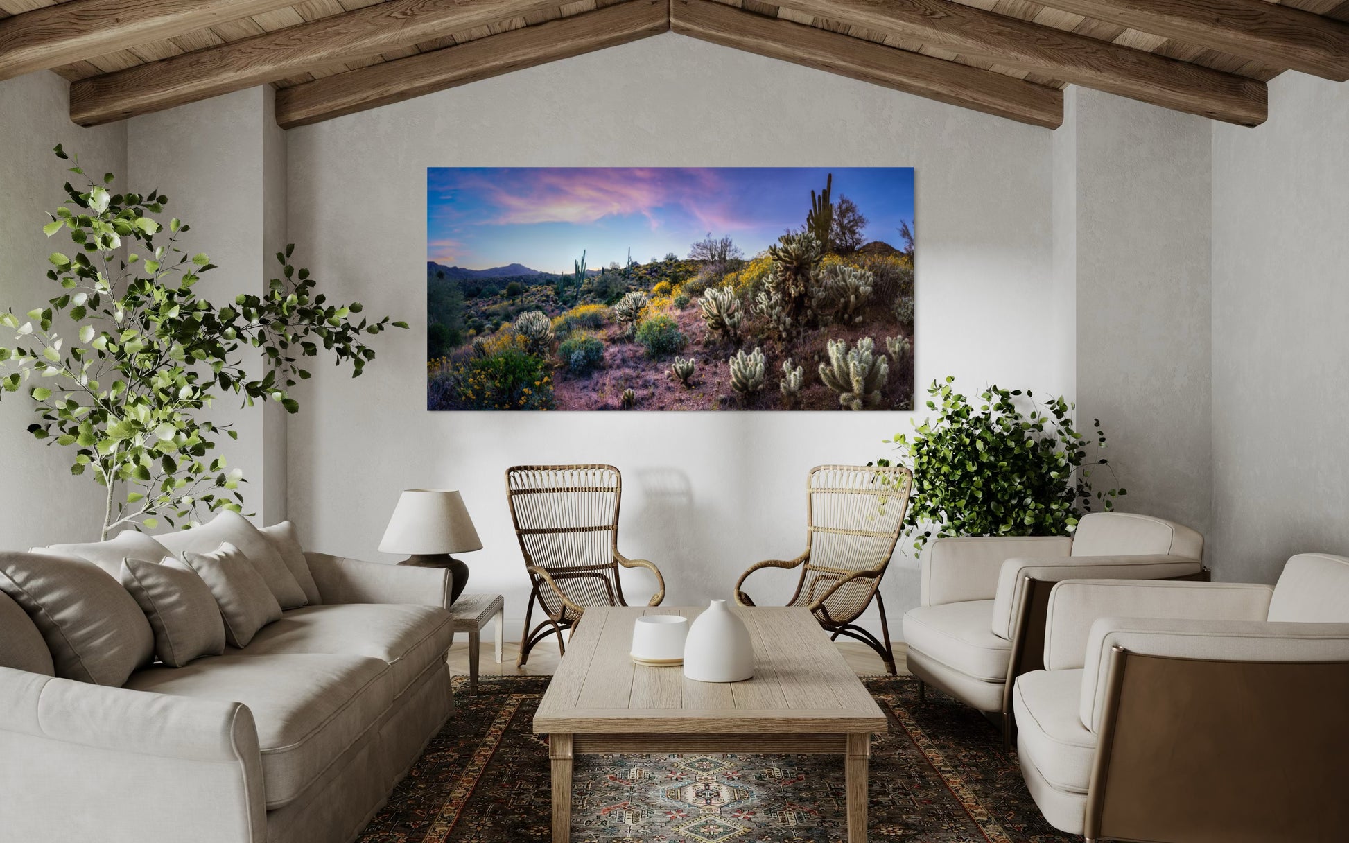 A vibrant panoramic landscape of the Sonoran Desert in spring bloom, featuring saguaros, glowing cholla, wildflowers, and a colorful sunset sky.