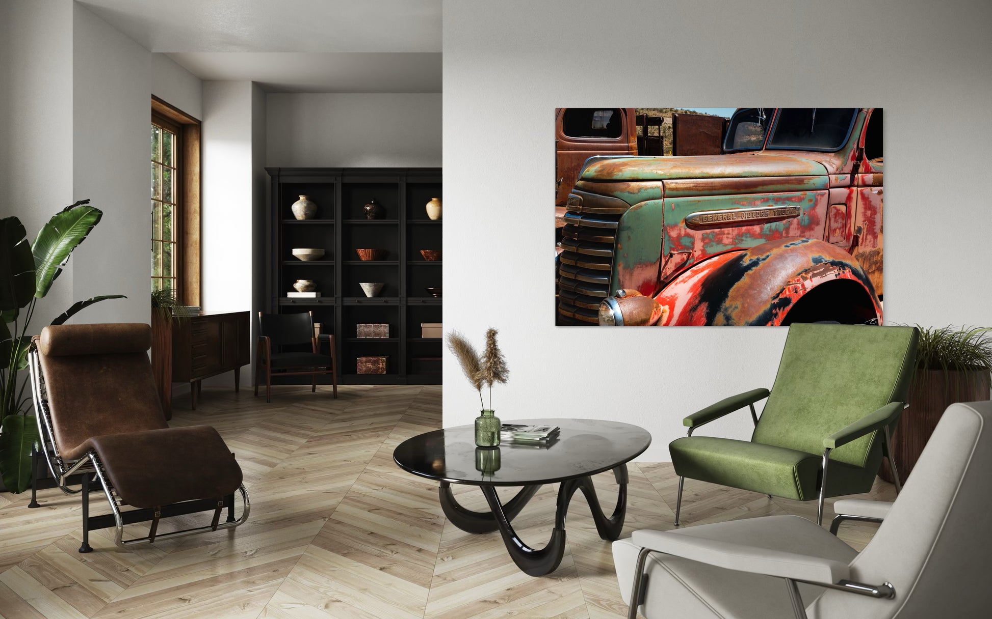 Modern living room with a vintage truck painting on the wall.