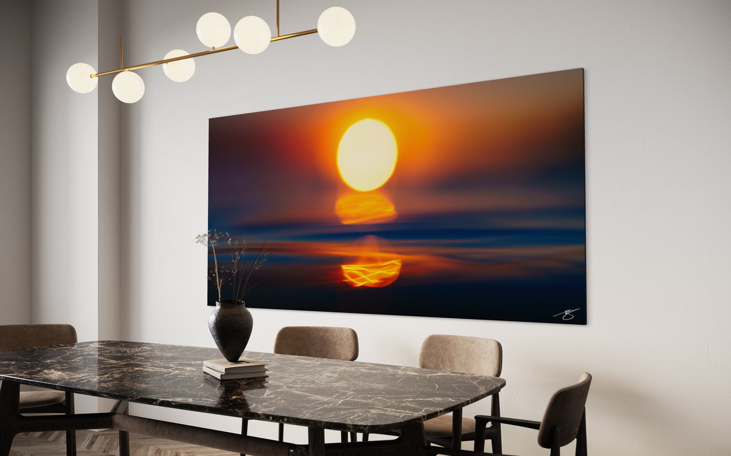 Abstract sunset over the ocean with a glowing golden sun and its reflection melting into soft blurred waves and deep twilight colors.
