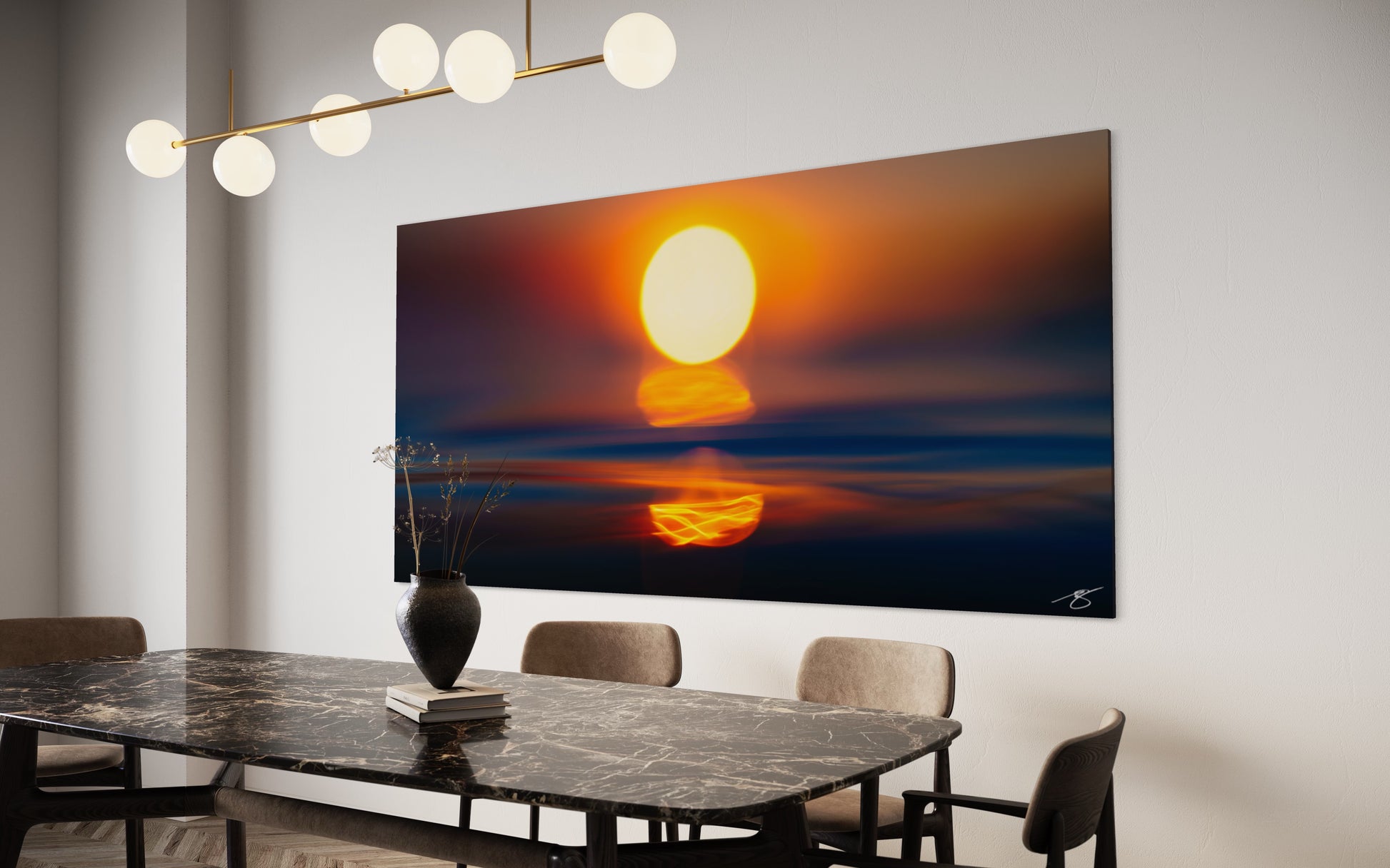 Abstract sunset over the ocean with a glowing golden sun and its reflection melting into soft blurred waves and deep twilight colors.
