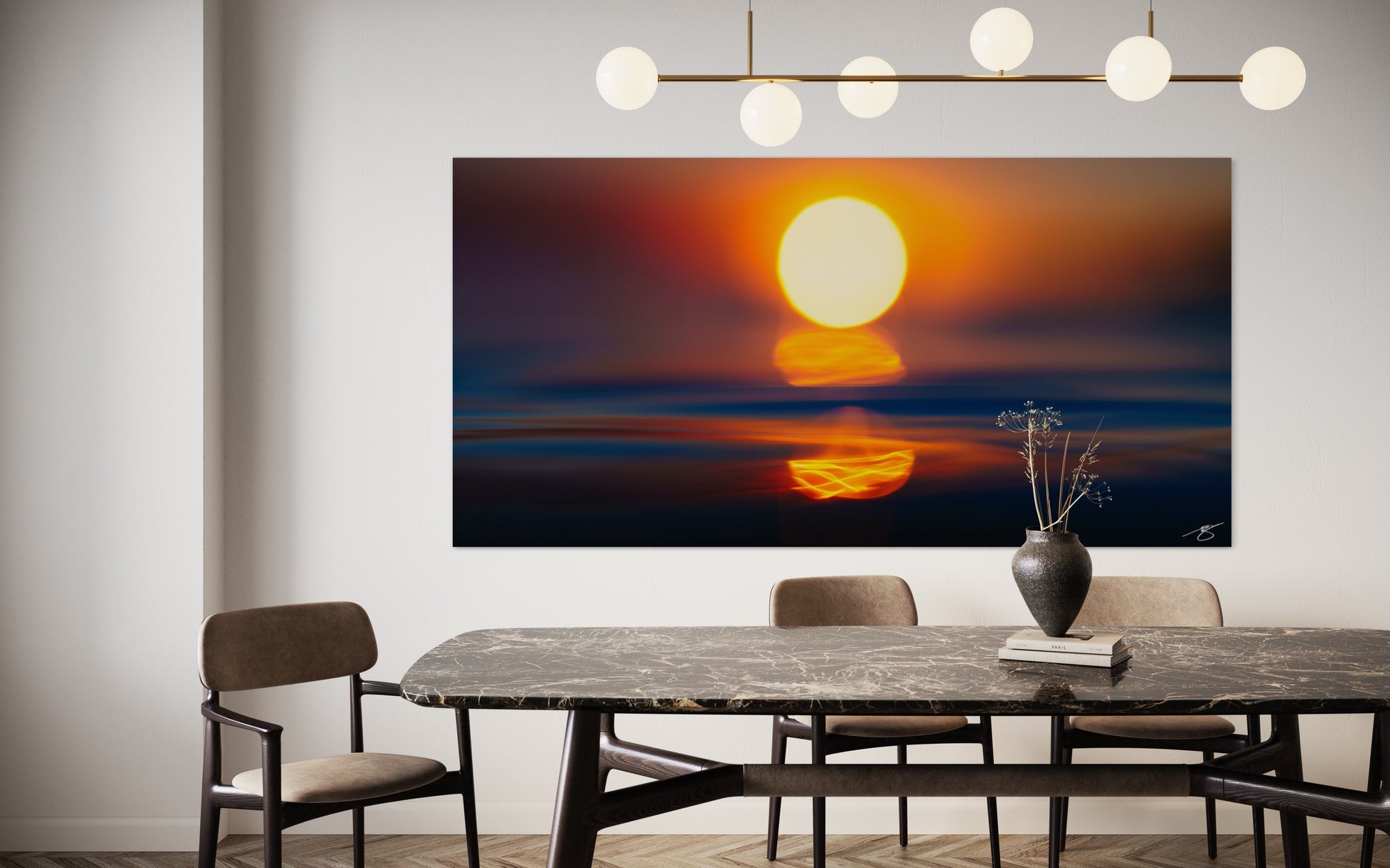 An abstract ocean sunset capturing glowing light and soft motion. A vibrant fine-art piece for collectors who love modern, atmospheric seascapes.