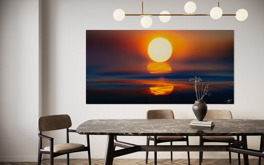 An abstract ocean sunset capturing glowing light and soft motion. A vibrant fine-art piece for collectors who love modern, atmospheric seascapes.