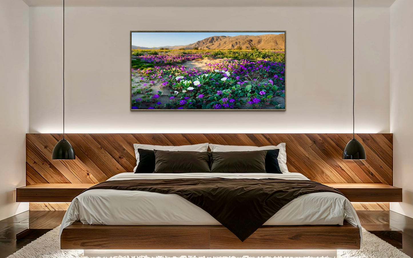 Anza-Borrego desert super bloom with purple verbena, white primrose, and sunrise light across the mountains in a vibrant landscape photo.