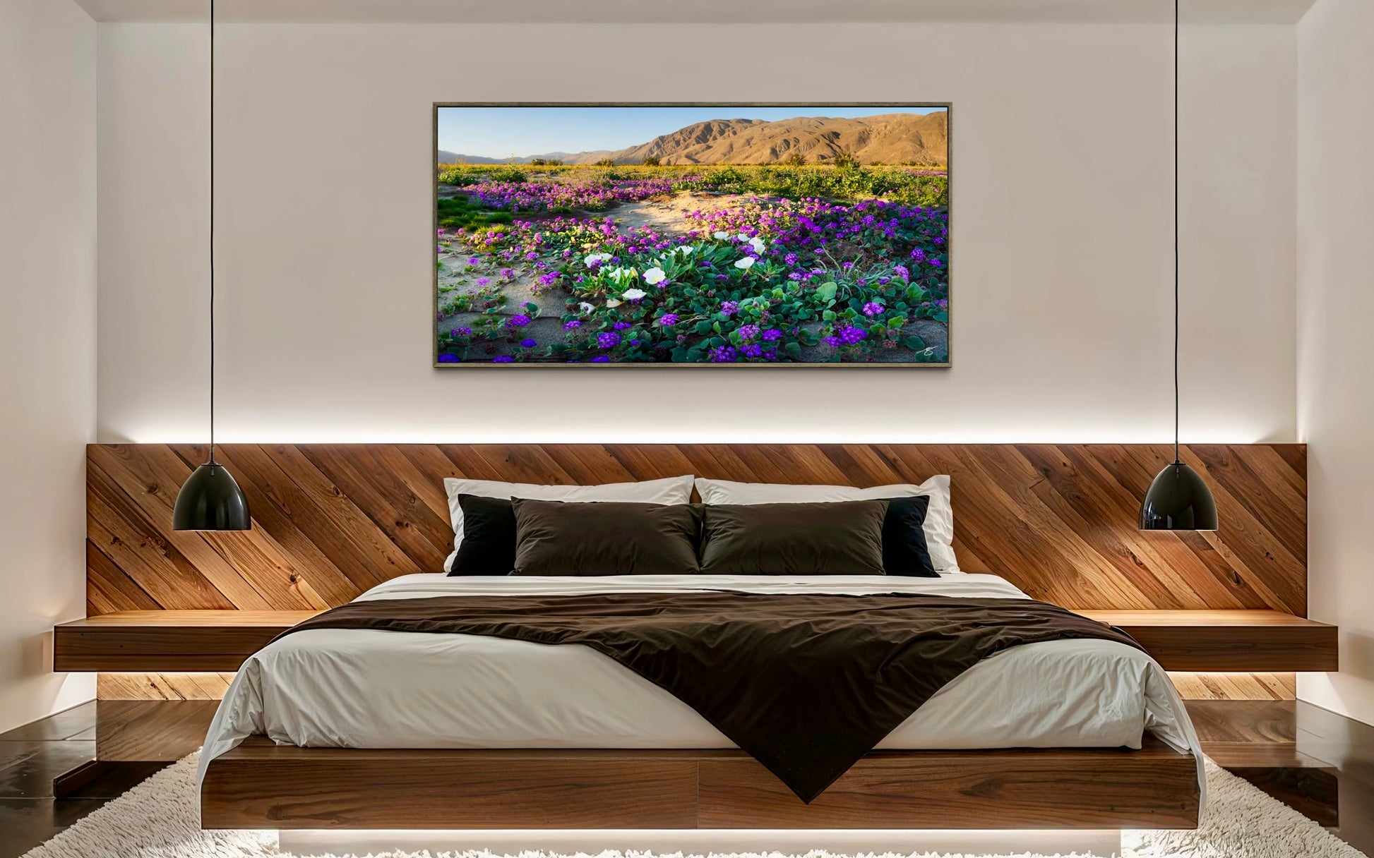 Anza-Borrego desert super bloom with purple verbena, white primrose, and sunrise light across the mountains in a vibrant landscape photo.