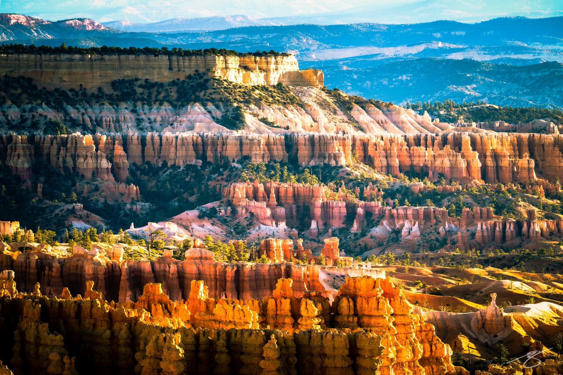 A vivid sunrise casts warm golden light across the towering hoodoos of Bryce Canyon National Park in Utah. The photo showcases layered red rock formations, deep canyons, scattered pines, and distant blue plateaus, highlighting the dramatic textures of the desert landscape.