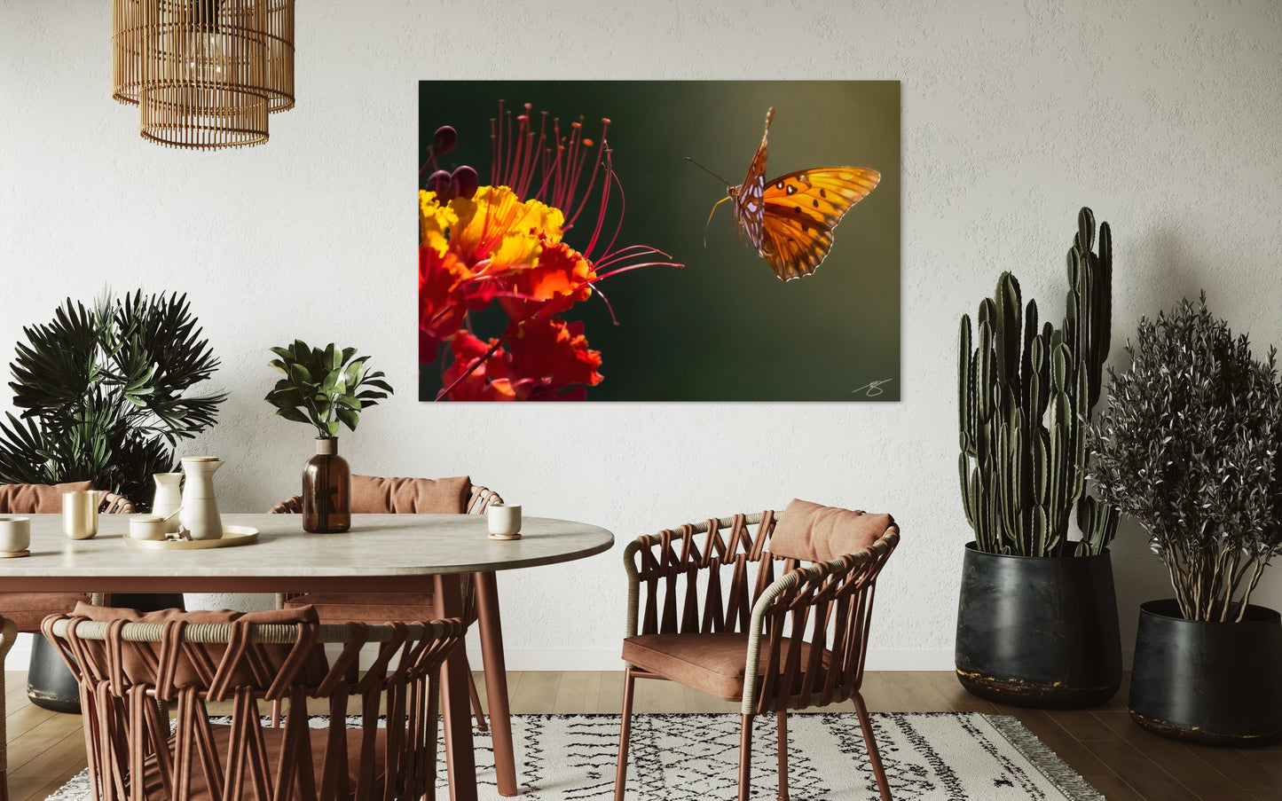 Dining room with a large floral and butterfly painting on the wall, surrounded by potted plants.