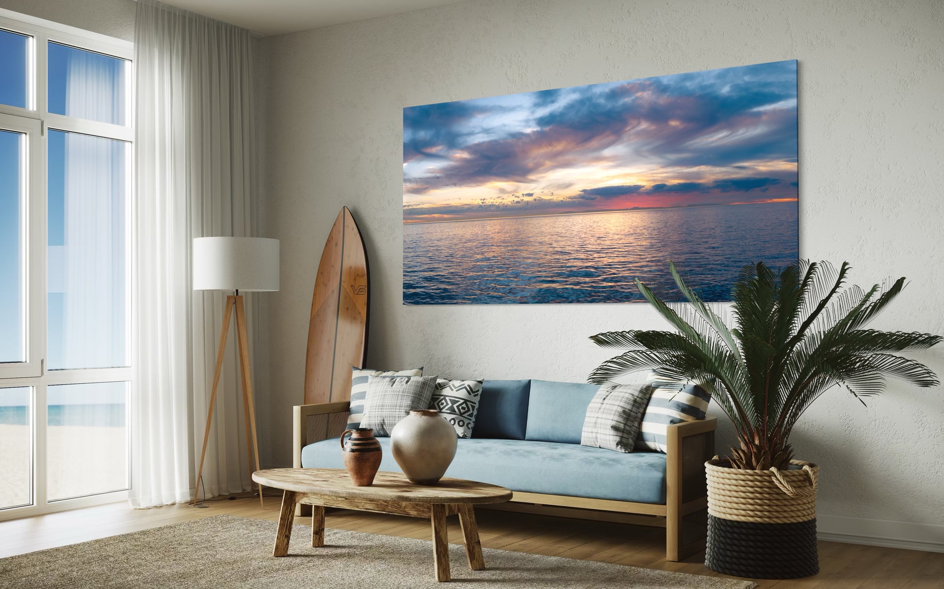 Calm Pacific Ocean sunset with soft pastel sky, gentle clouds, and reflective water in a peaceful fine art seascape panorama.