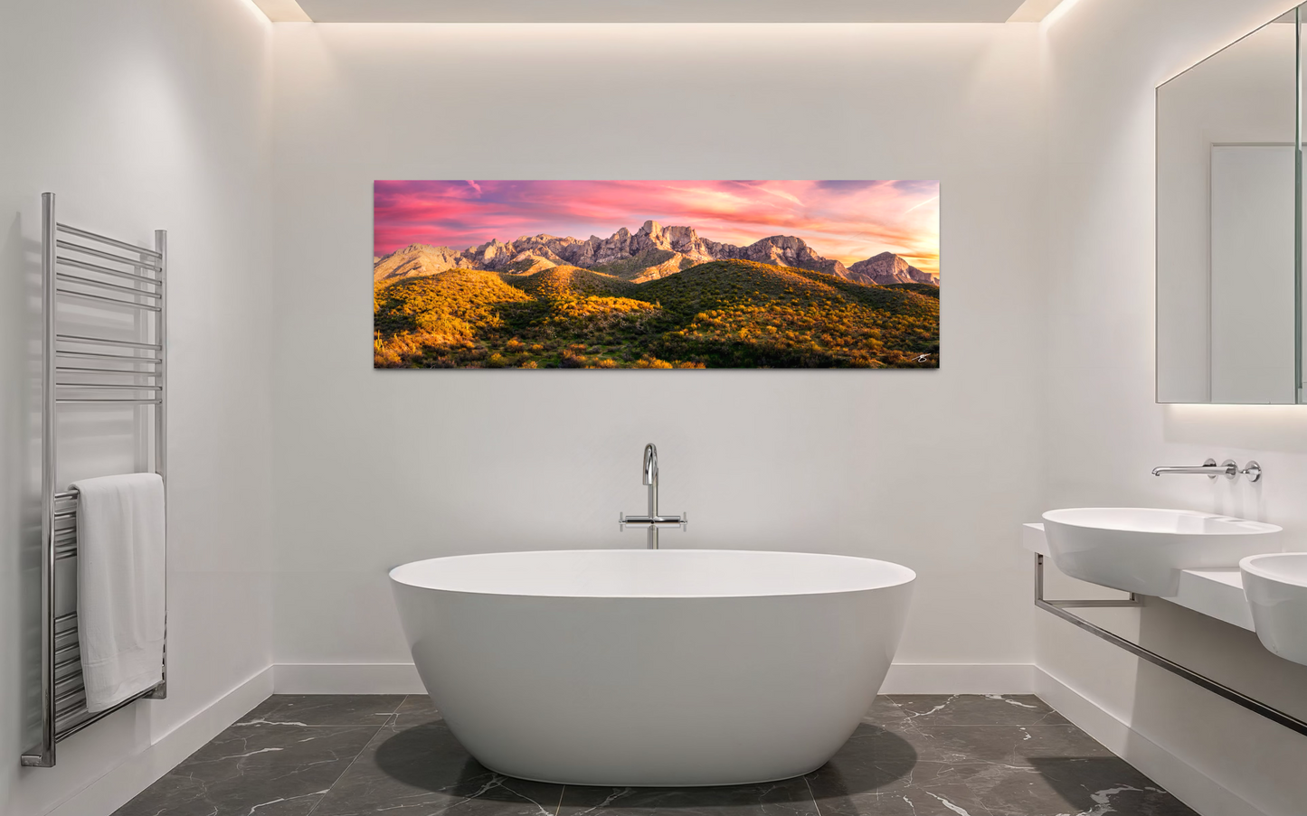 A dramatic sunset panorama of the Catalina Mountains in Tucson, Arizona, glowing beneath vibrant desert skies. A striking Southwestern fine art landscape print.