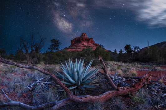 Fine art nightscape of Bell Rock under Milky Way by Beau Jesse Johnston, Sedona desert photography print.
