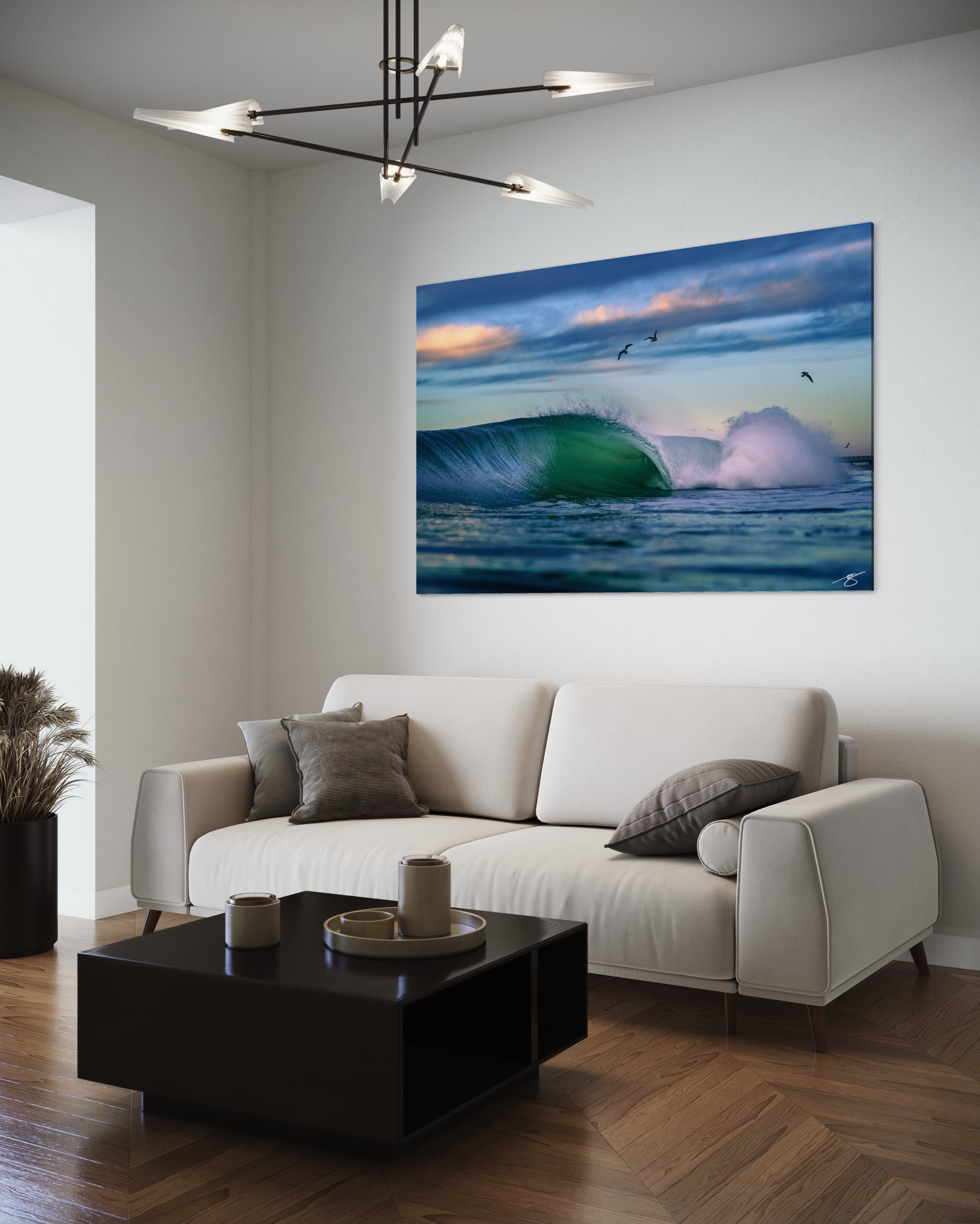 Emerald-green wave barrel breaking at dawn with seabirds overhead and soft pastel skies along the California coast.