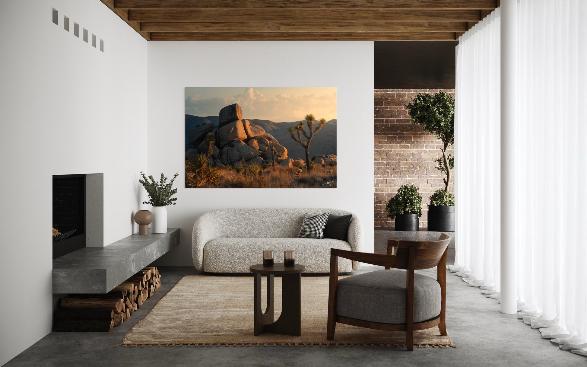 Modern living room with a large landscape painting on the wall