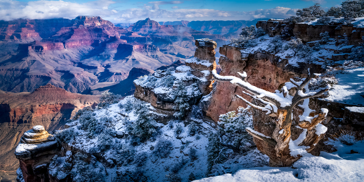 Winter sunrise over the Grand Canyon’s South Rim, featuring snow-covered cliffs, frosted trees, and warm light illuminating the layered canyon walls in a dramatic panoramic landscape. A rare fine art capture of the canyon transformed by snowfall.