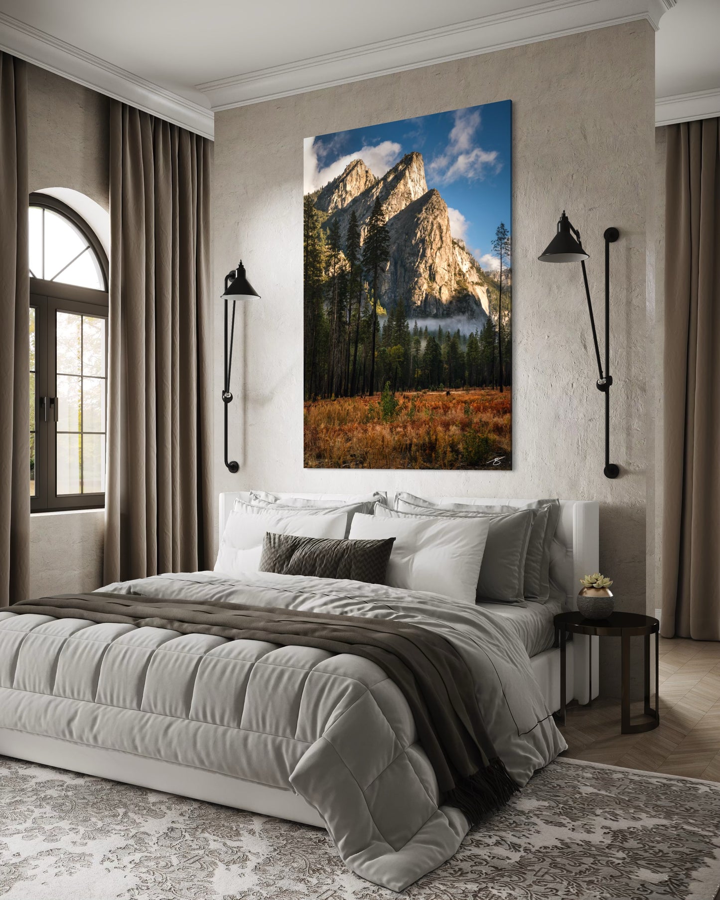Granite spires rising above Yosemite Valley with morning mist, tall pines, and a glowing meadow in soft early light.