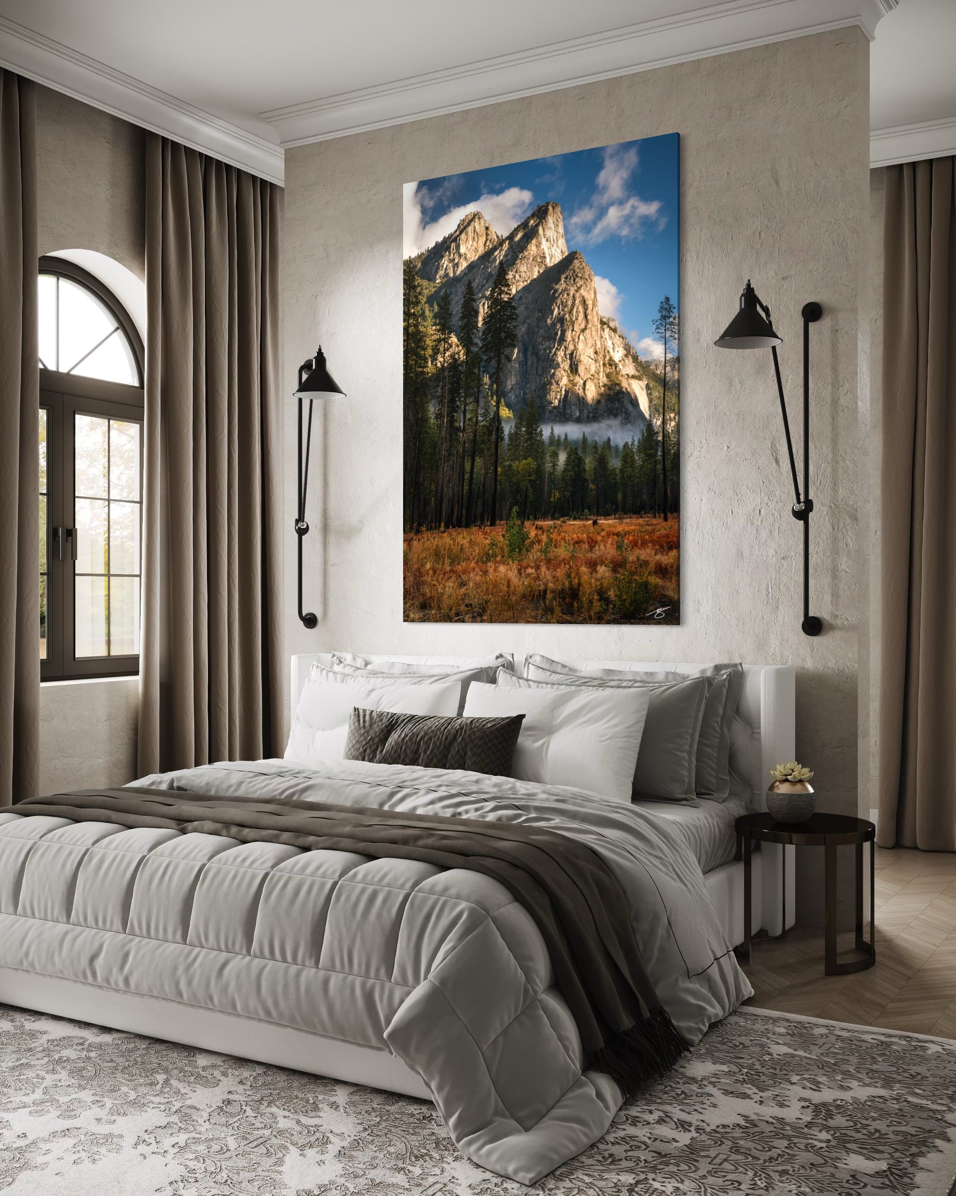 Granite spires rising above Yosemite Valley with morning mist, tall pines, and a glowing meadow in soft early light.