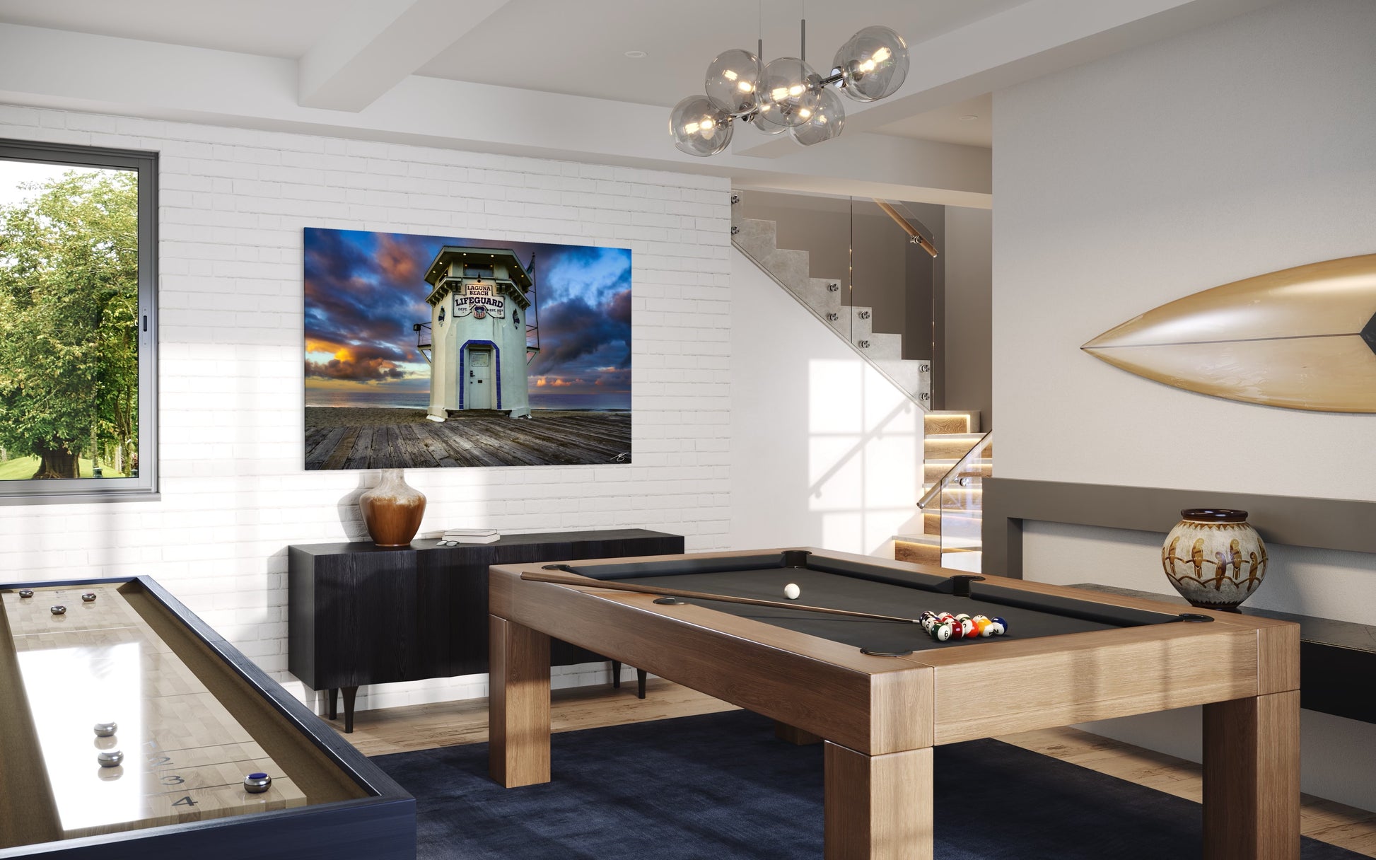 Laguna Beach lifeguard tower at sunrise with colorful clouds, ocean backdrop, and wooden boardwalk in coastal fine art photograph.