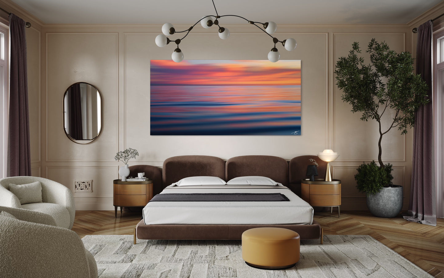 Long-exposure ocean abstract with pastel sunset colors reflecting across soft ripples on the water.