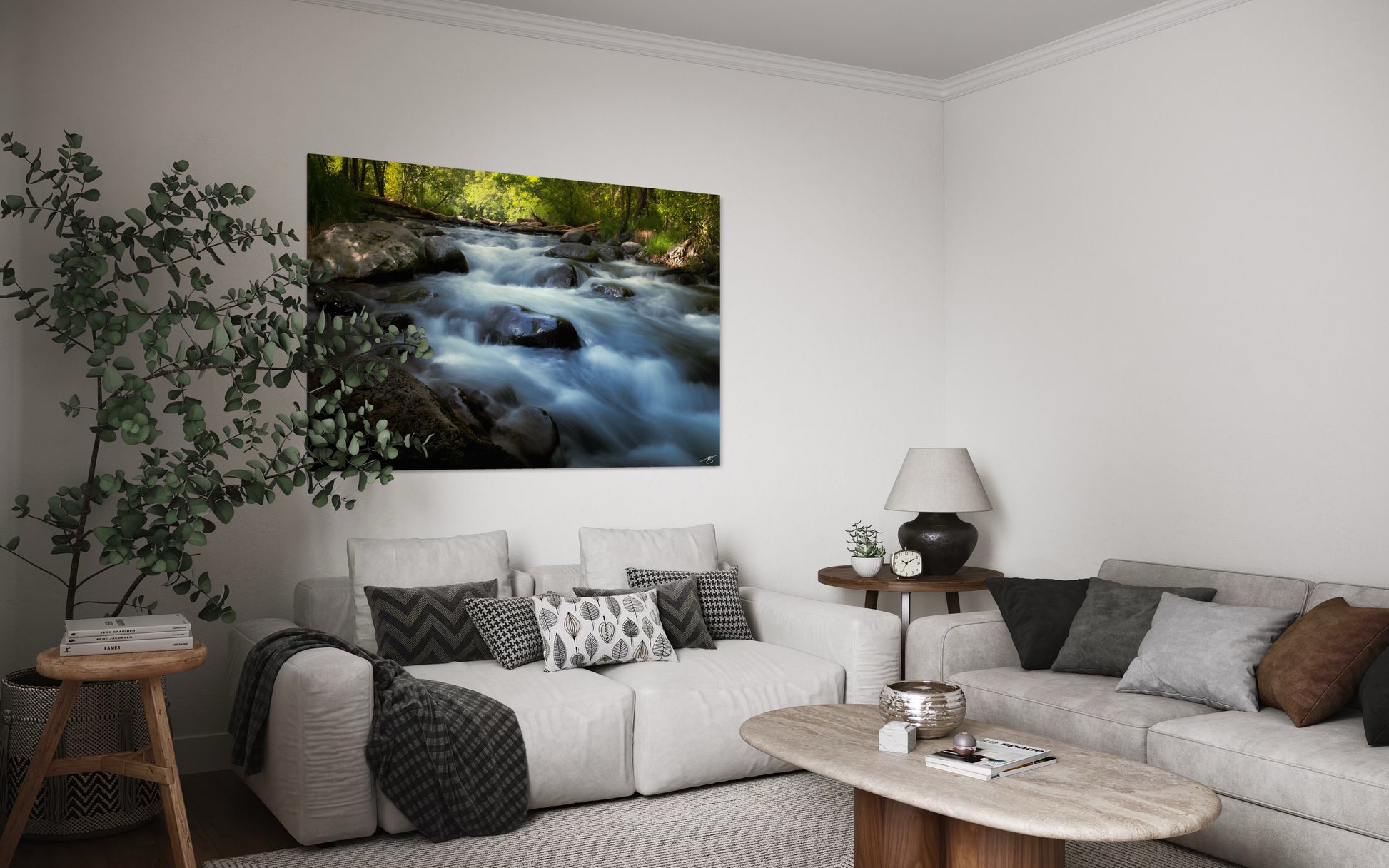 Living room with a large wall-mounted canvas displaying a nature scene.