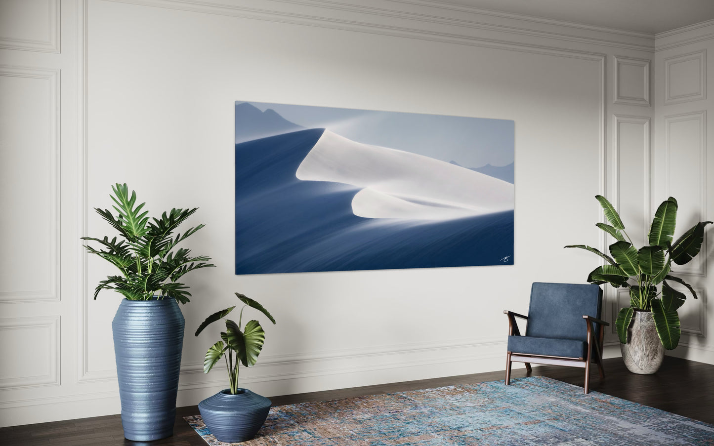 Minimalist fine art photo of wind-shaped sand dunes at sunrise, with soft highlights, flowing textures, and elegant desert curves.