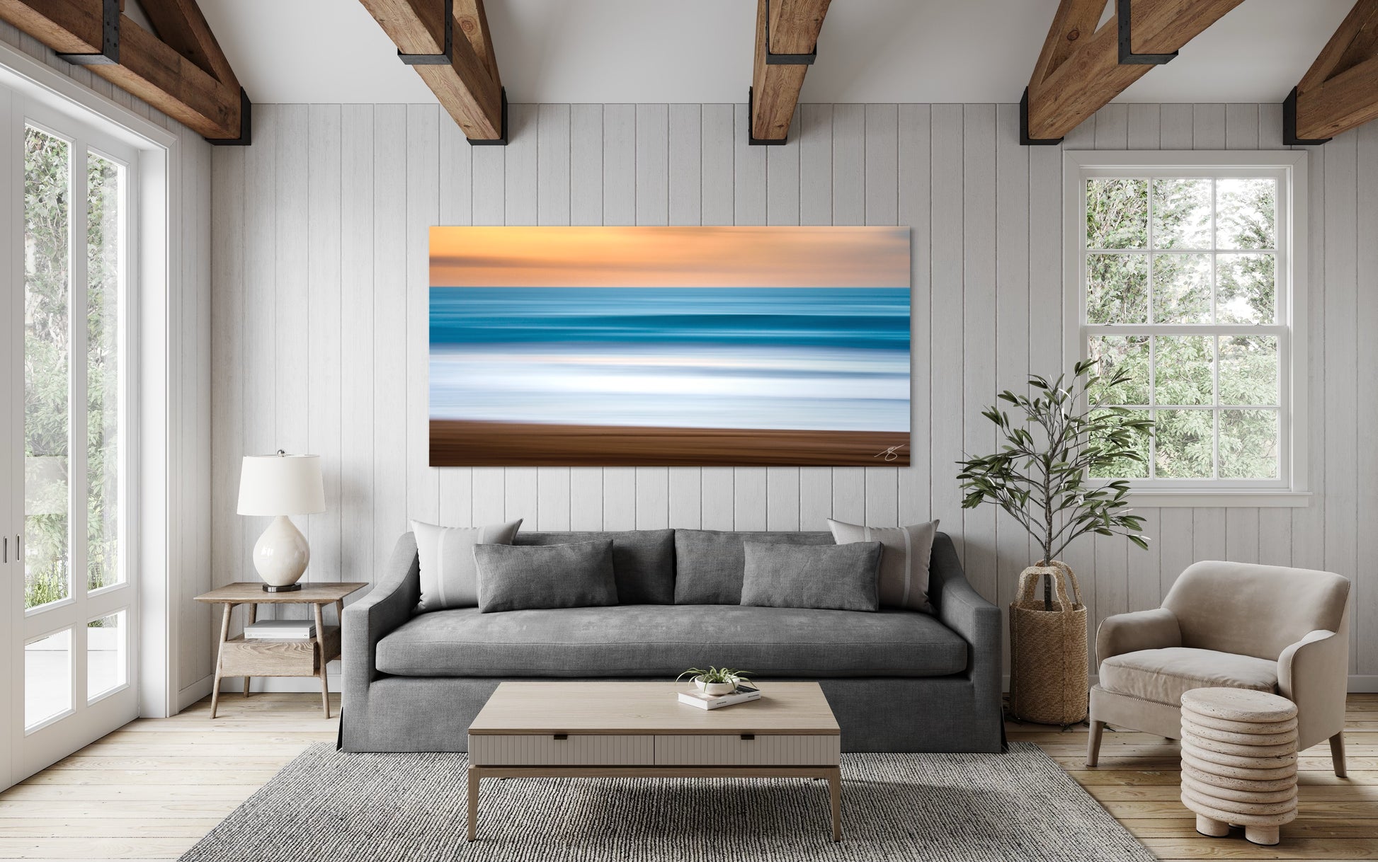 Minimalist ocean sunset with soft horizontal motion blur, blending blue waves and warm sky into calming abstract coastal layers.