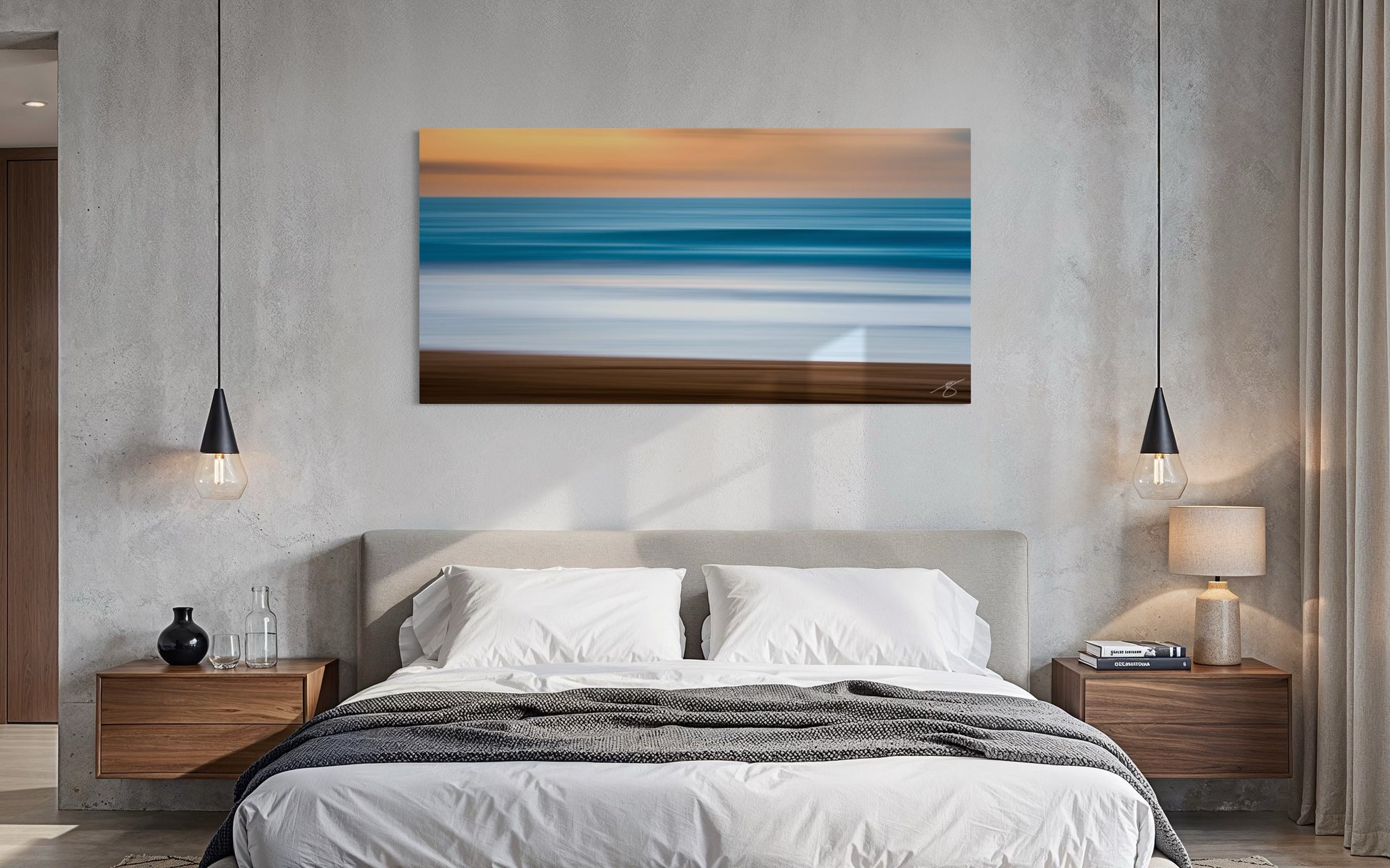 Bedroom interior featuring Quiet Current abstract ocean photography by Beau Jesse Johnston displayed above a modern bed