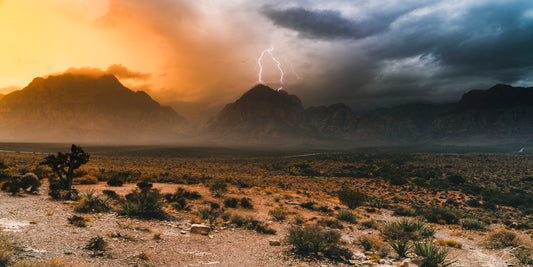 A powerful lightning bolt illuminates a mountain in Red Rock Canyon, Nevada, as contrasting storm conditions unfold: golden orange sunlight on the left and dark, heavy storm clouds on the right. The Mojave Desert foreground features yucca, shrubs, and rugged terrain.