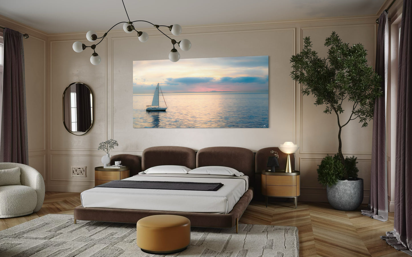 Sailboat drifting across calm ocean waters at sunset with soft pastel light and distant clouds reflecting on the sea.