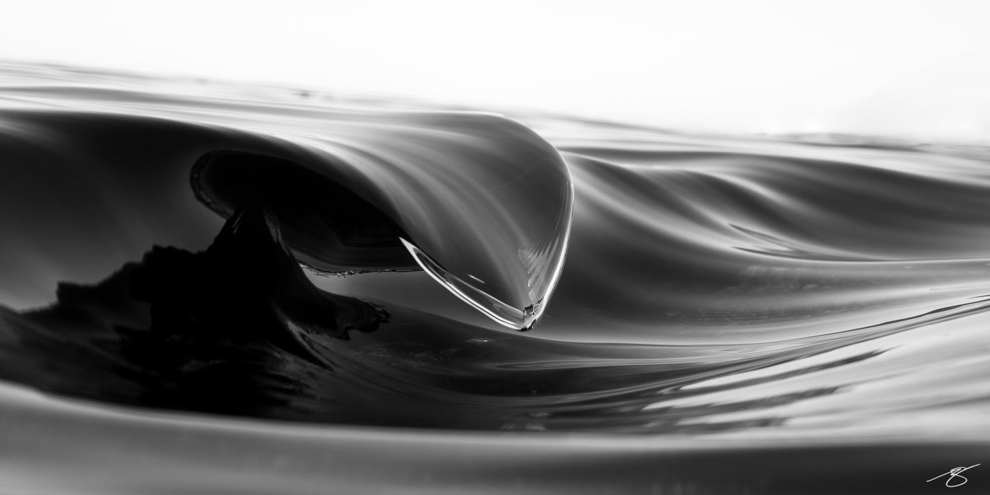 A monochrome close-up of an ocean wave forming a sharp, glasslike crest. Smooth flowing water transitions into deep shadows and bright highlights, creating an abstract, sculptural effect that emphasizes motion, texture, and the elegance of the wave’s form.