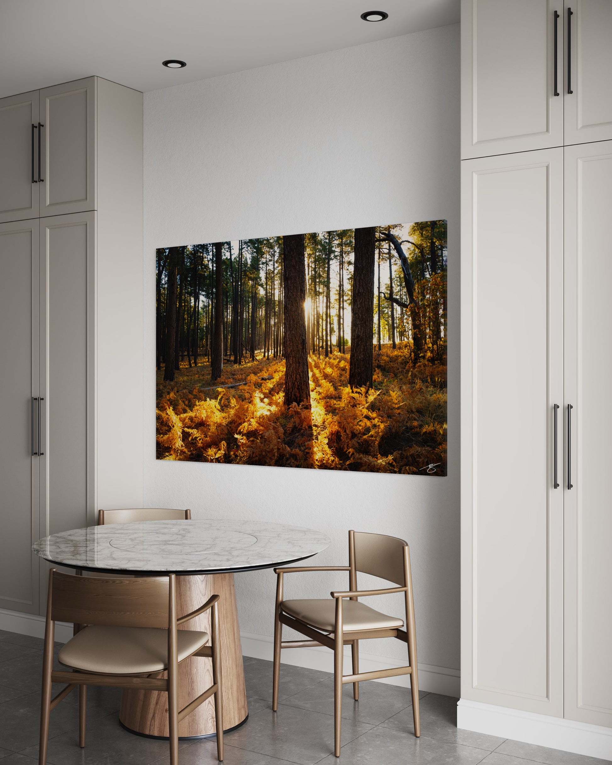 Sunrise filtering through tall pine trees, illuminating golden autumn ferns on the forest floor in a warm, peaceful woodland scene.
