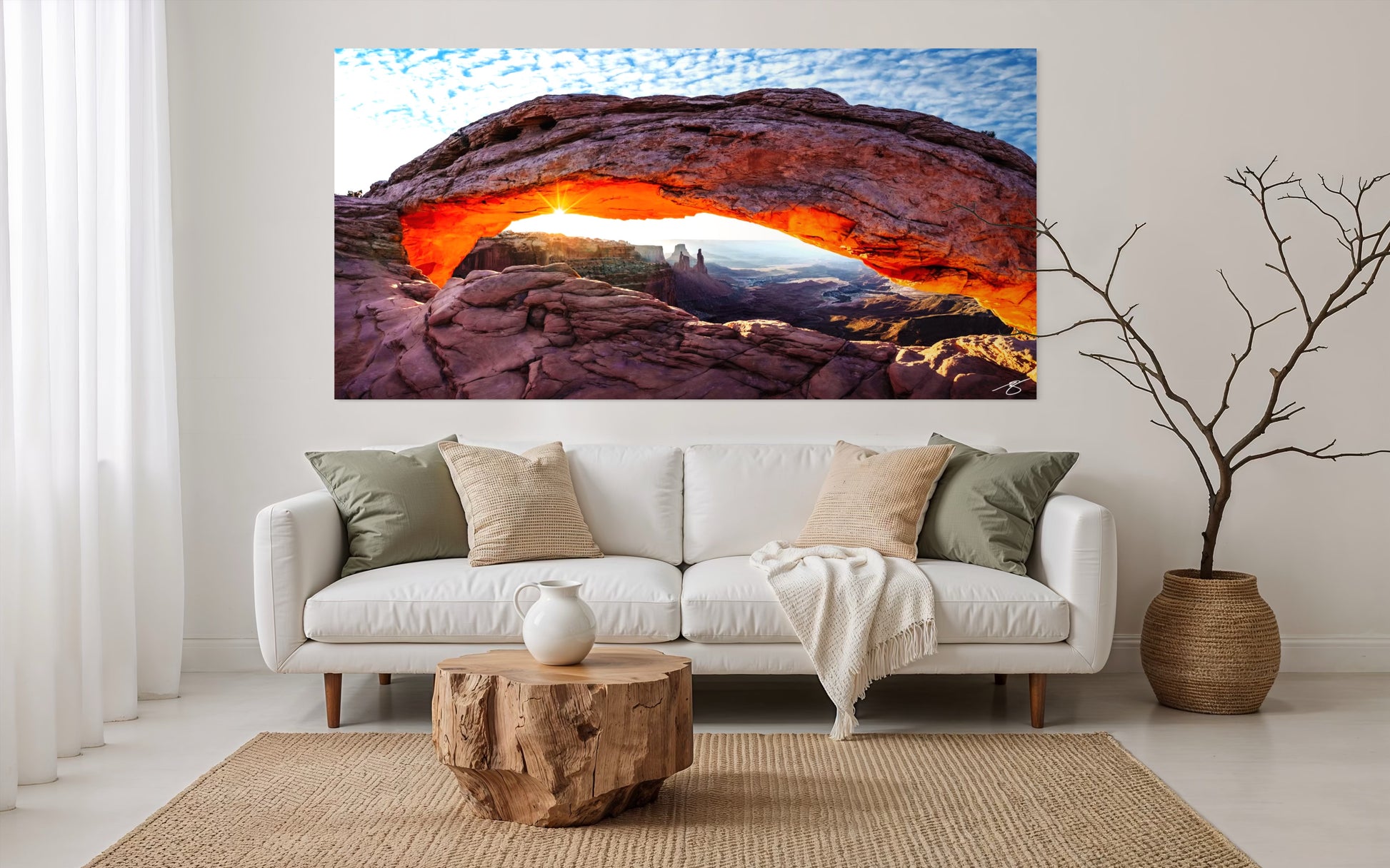 Sunrise ignites Mesa Arch with fiery light, framing Canyonlands’ vast cliffs and canyons. A striking fine art landscape capturing Utah’s iconic desert sunrise.