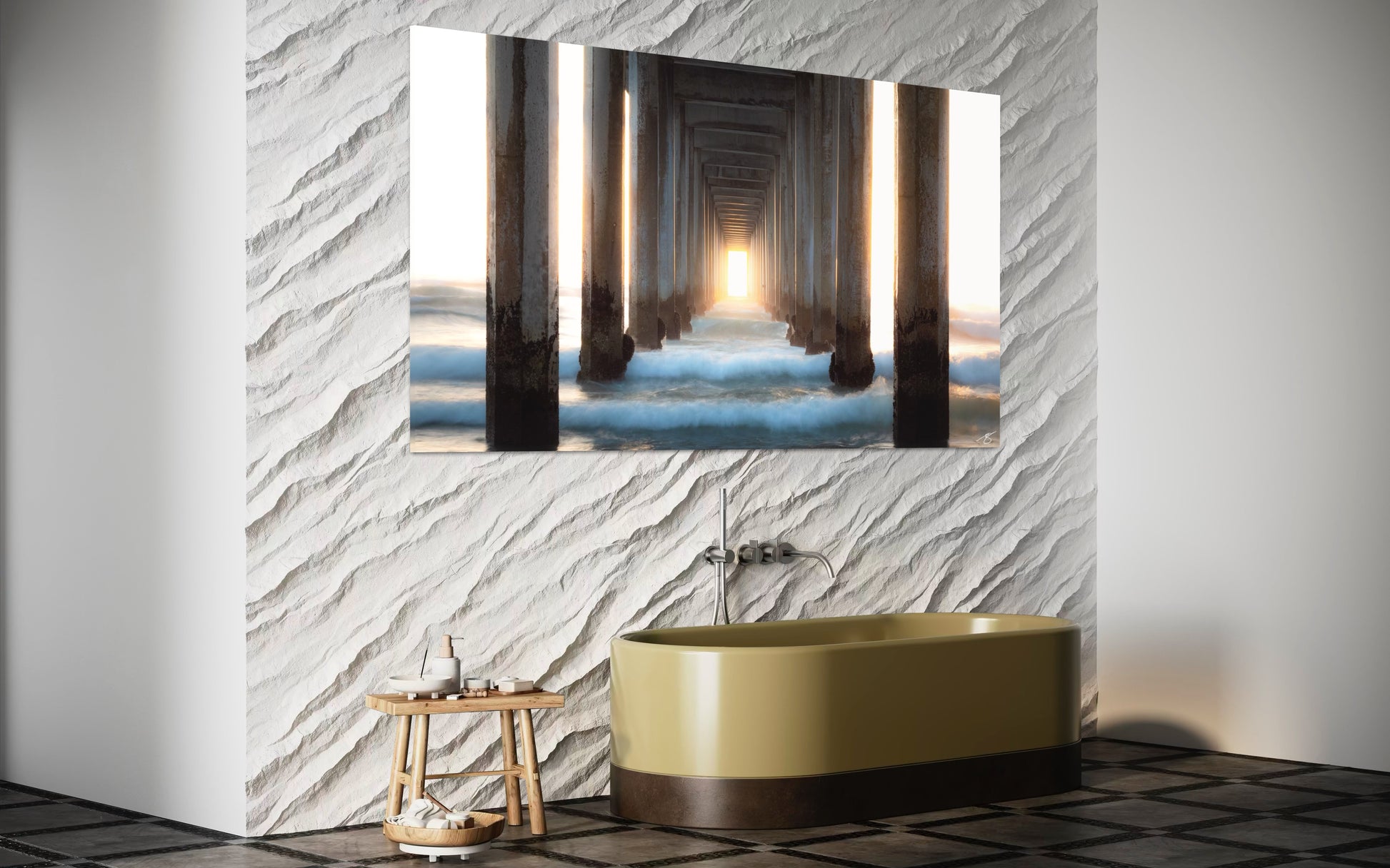 Bathroom with a large mirror reflecting a scenic view of a pier.