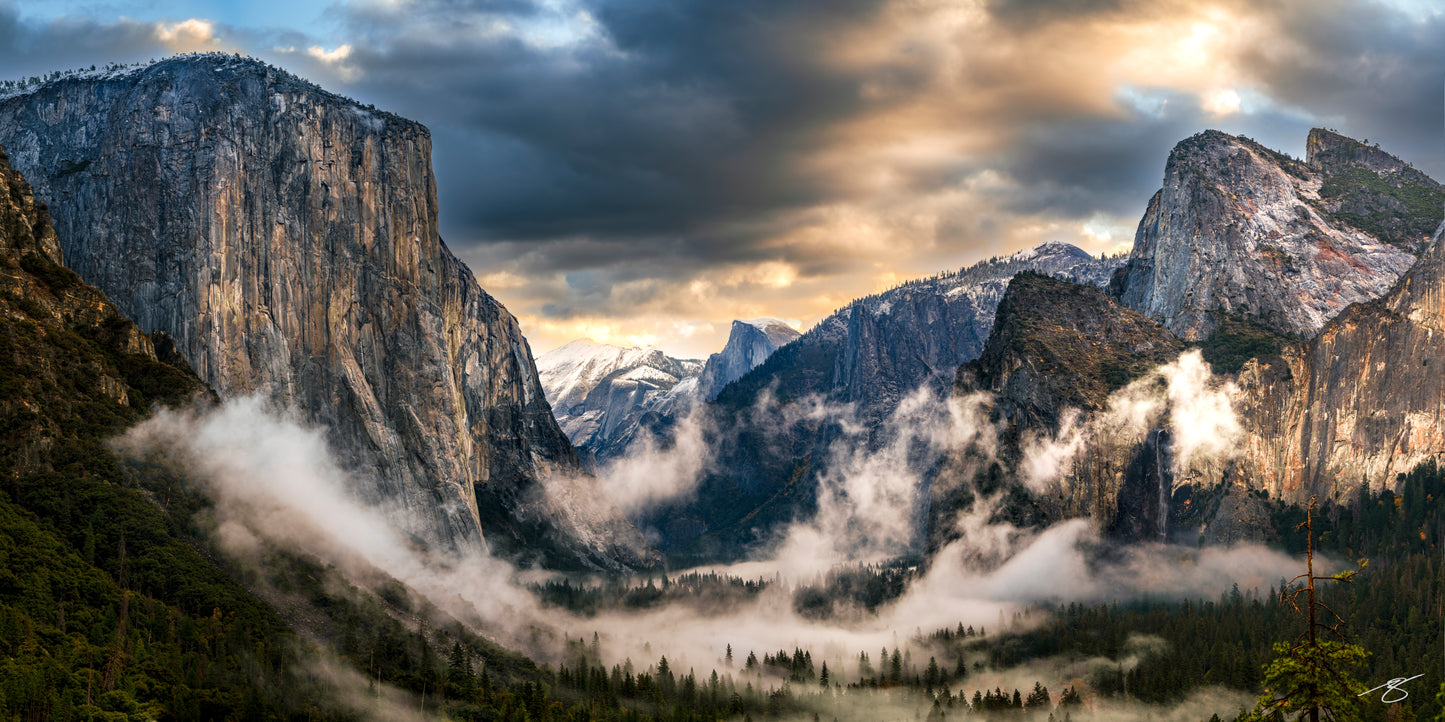 El Capitan and Half Dome at sunrise in Yosemite Valley, fine art landscape photograph by Beau Jesse Johnston.