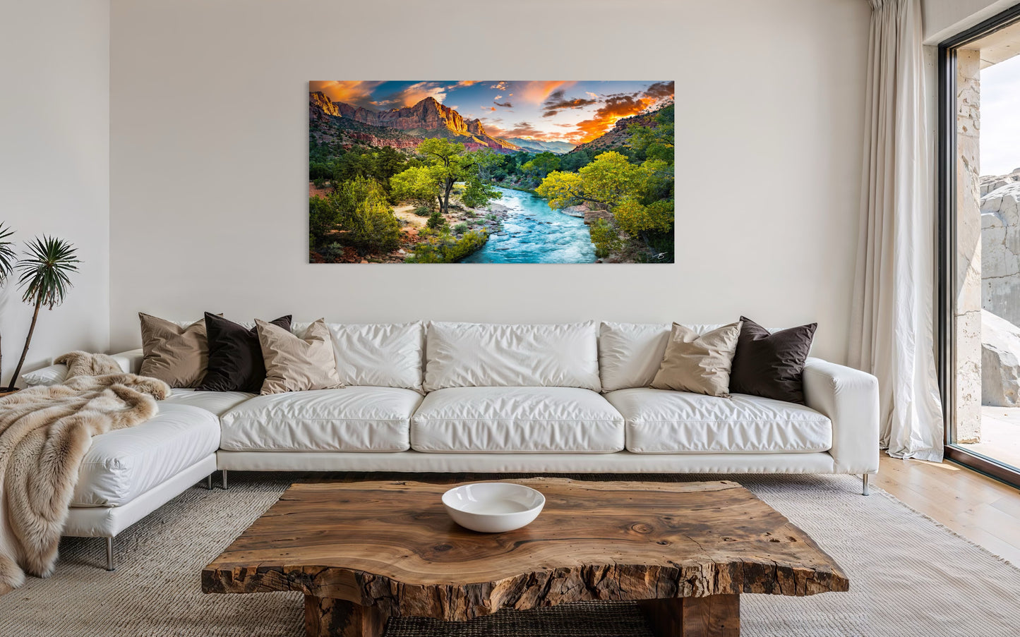 Vivid sunset panorama of Zion National Park featuring the Watchman glowing in warm light above the Virgin River, surrounded by autumn cottonwoods and dramatic clouds. A colorful fine art landscape capturing one of Utah’s most iconic views.