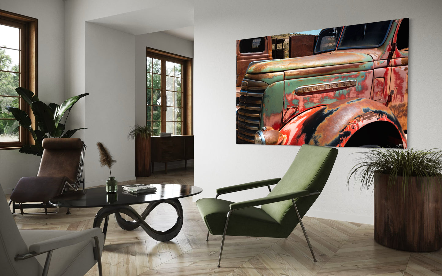 Modern living room with a large wall art of a rusted truck.