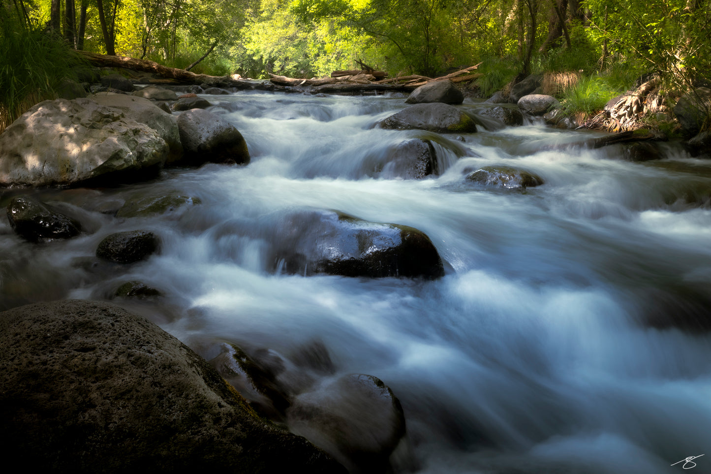 Fine art photo of Oak Creek flowing through lush forest, long exposure river landscape by Beau Jesse Johnston.