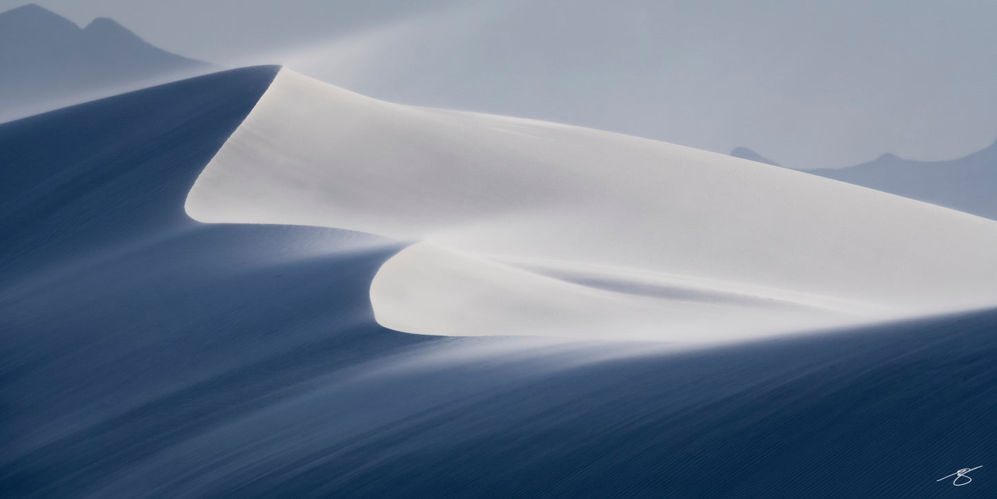 Soft desert wind shaping white sand dunes in White Sands, fine art minimalist landscape by Beau Jesse Johnston.