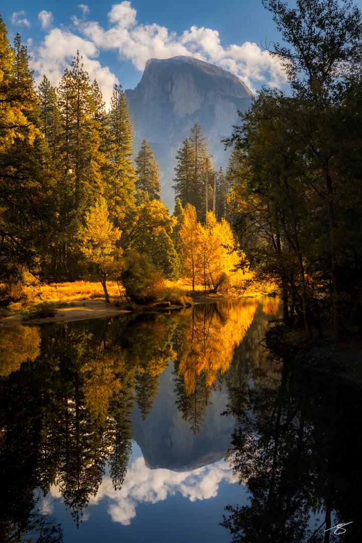 Fine art photograph of Yosemite’s Half Dome reflected in the Merced River during autumn, featuring golden trees, calm water, soft morning glow, and crisp granite textures. A serene national park landscape showcasing fall color and iconic mountain scenery.