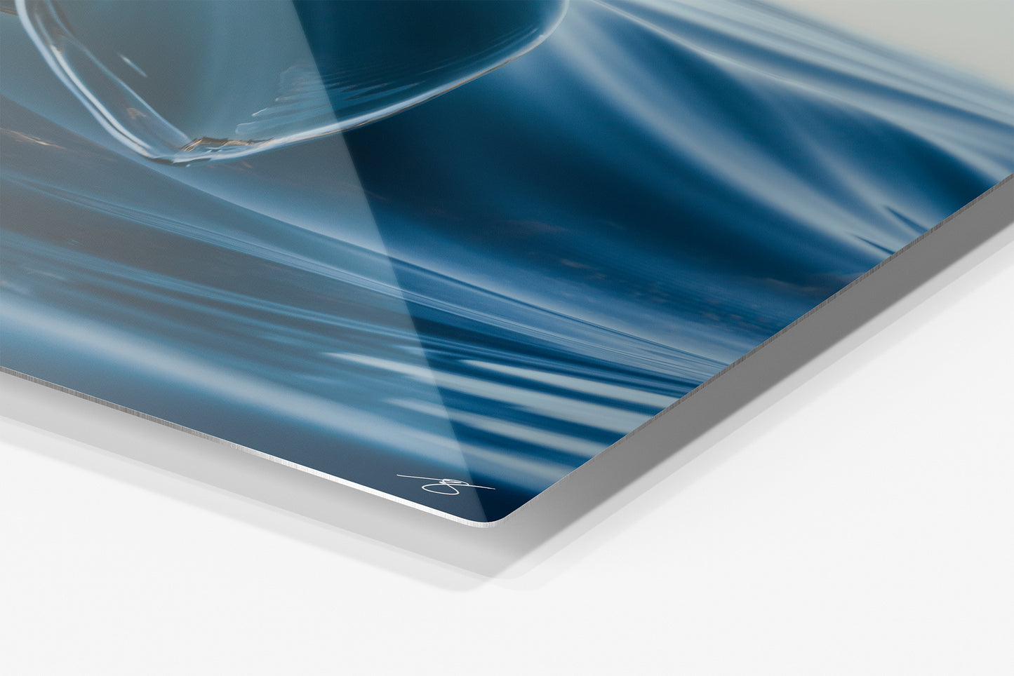 Close-up detail of Blue Silence Signature Aluminum Edition showing the glossy print surface and finished corner